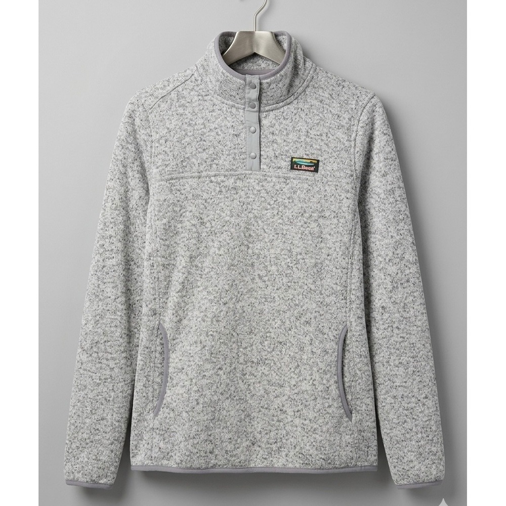 LL Bean Sweater Fleece Pullover Pewter Gray Kangaroo Pocket Snap Neck Womens